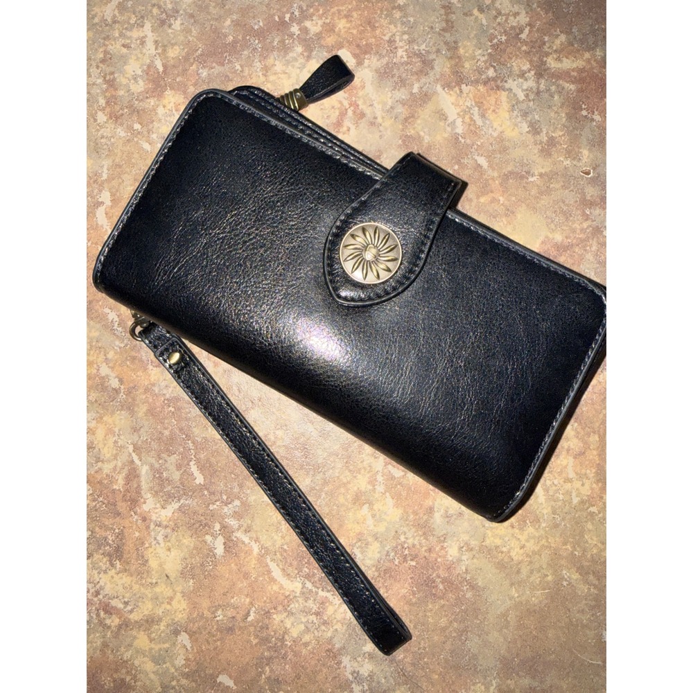 Travelambo Black Faux Leather Wristlet Wallet Sunflower Snap Zipper Bifold